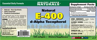 Photo of the Healthy Choice Naturals Natural E-400 D-Alpha Tocopherol label