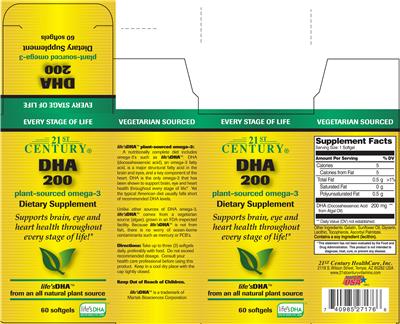 Photo of the 21st Century DHA 200 Plant-Sourced Omega-3 label