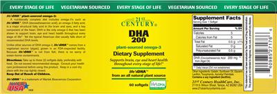 Photo of the 21st Century DHA 200 Plant-Sourced Omega-3 label