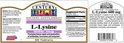 Photo of the 21st Century L-Lysine 600 mg label