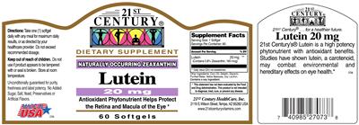 Photo of the 21st Century Lutein 20 mg label