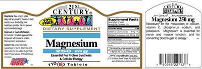 Photo of the 21st Century Magnesium 250 mg label