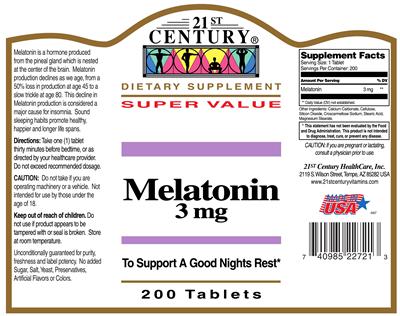 Photo of the 21st Century Melatonin 3 mg label