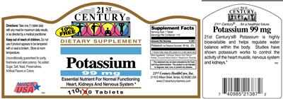Photo of the 21st Century Potassium 99 mg label