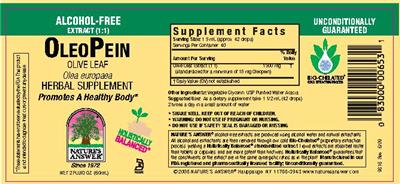 Photo of the Nature's Answer OleoPein Olive Leaf Alcohol-Free label
