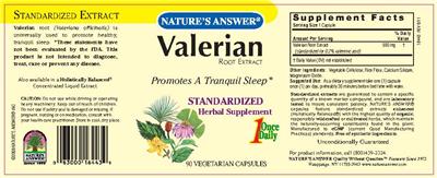 Photo of the Nature's Answer Valerian Root Extract label