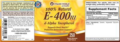 Photo of the Vitamin World 100% Natural E-400 IU label