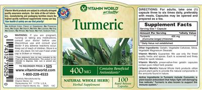 Photo of the Vitamin World Turmeric 400 mg label