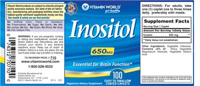 Photo of the Vitamin World Inositol 650 mg label