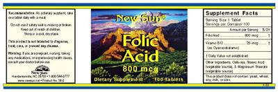 Photo of the New Sun Folic Acid 800 mcg label