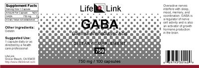 Photo of the LifeLink GABA Gamma-Aminobutyric Acid 750 label