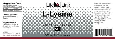Photo of the LifeLink L-Lysine 500 label