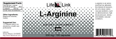 Photo of the LifeLink L-Arginine 500 label