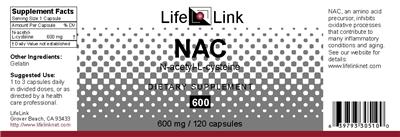 Photo of the LifeLink NAC N-Acetyl-L-Cysteine 600 label