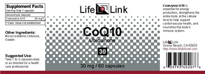 Photo of the LifeLink CoQ10 Ubiquinone 30 label