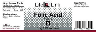 Photo of the LifeLink Folic Acid Folate 5 label