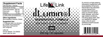 Photo of the LifeLink ilLuminol Reservatrol Formula 250 label