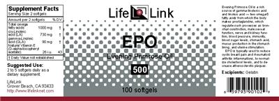 Photo of the LifeLink EPO Evening Primrose Oil 500 label
