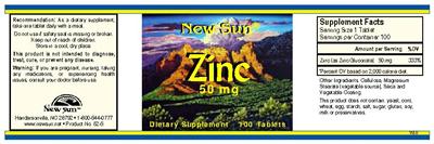 Photo of the New Sun Zinc 50 mg label