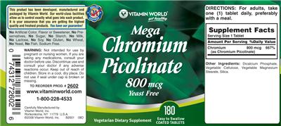 Photo of the Vitamin World Mega Chromium Picolinate 800 mcg label