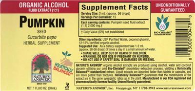 Photo of the Nature's Answer Pumpkin Seed Organic Alcohol label