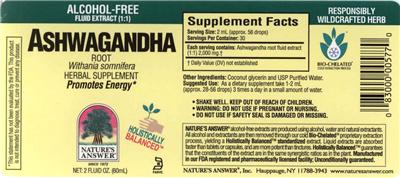 Photo of the Nature's Answer Ashwagandha Root Alcohol-Free label