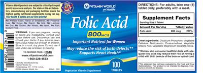 Photo of the Vitamin World Folic Acid 800 mcg label