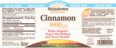 Photo of the Sundown Naturals Cinnamon 1000 mg label