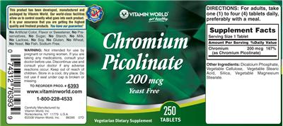 Photo of the Vitamin World Chromium Picolinate 200 mcg label