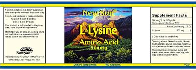Photo of the New Sun L-Lysine Amino Acid 500 mg label