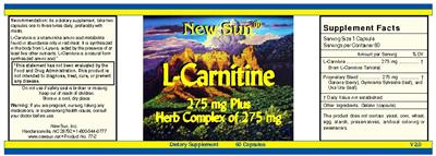 Photo of the New Sun L-Carnitine 275 mg Plus Herb Complex of 275 mg label