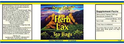 Photo of the New Sun Herb Lax Tea Bags label