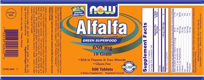 Photo of the NOW Alfalfa 650 mg 10 Grain label