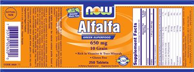 Photo of the NOW Alfalfa 650 mg 10 Grain label