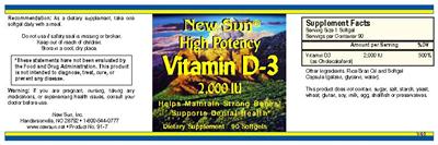 Photo of the New Sun High Potency Vitamin D-3 2,000 IU label