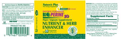 Photo of the Nature's Plus & Herbal Actives Double Strength Bioperine 10 label