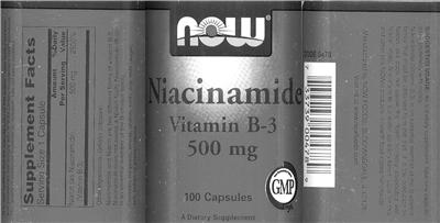 Photo of the NOW Niacinamide Vitamin B-3 500 mg label