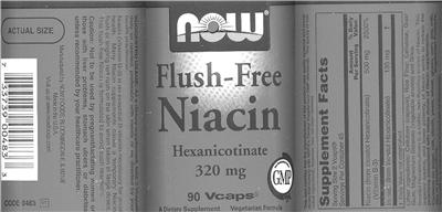 Photo of the NOW Flush-Free Niacin Hexancotinate 320 mg label