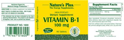 Photo of the Nature's Plus Vitamin B-1 100 mg label