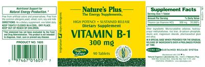 Photo of the Nature's Plus Vitamin B-1 300 mg label