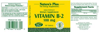 Photo of the Nature's Plus Vitamin B-2 100 mg label