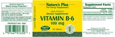 Photo of the Nature's Plus Vitamin B-6 100 mg label