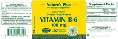 Photo of the Nature's Plus Vitamin B-6 100 mg label