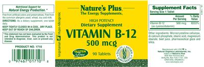 Photo of the Nature's Plus Vitamin B-12 500 mg label