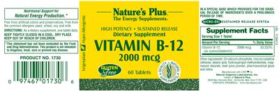 Photo of the Nature's Plus Vitamin B-12 2000 mcg label