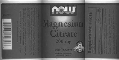Photo of the NOW Magnesium Citrate 200 mg label