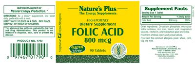 Photo of the Nature's Plus Folic Acid 800 mcg label