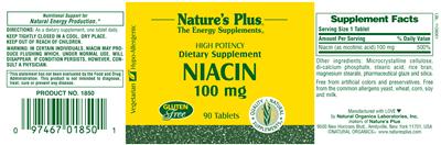Photo of the Nature's Plus High Potency Niacin 100 mg label