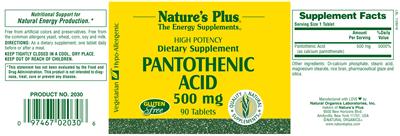 Photo of the Nature's Plus Hight Potency Pantothenic Acid 500 mg label