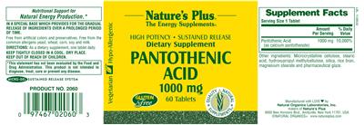 Photo of the Nature's Plus Pantothenic Acid 1000 mg label